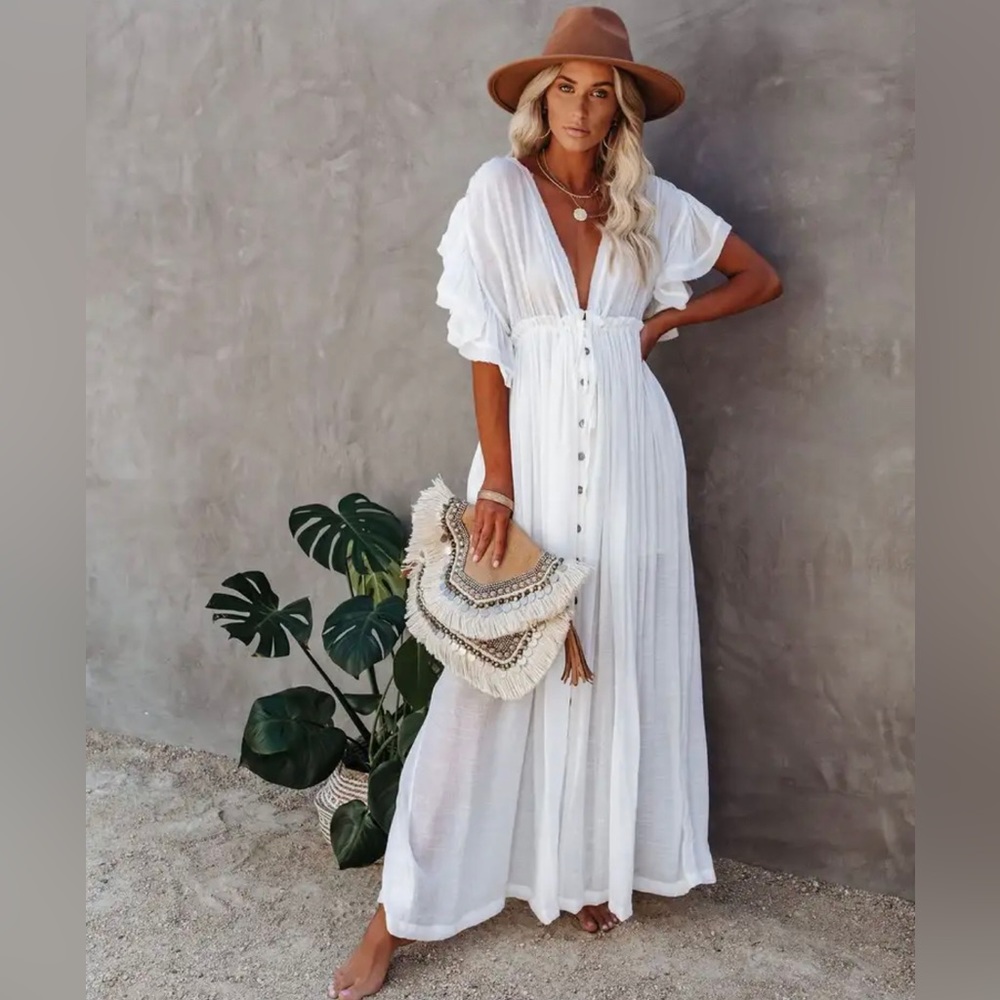 Elegant Amelia Beach Dress Swimsuit Cover-Up in White Oversized OSFM - Picture 6 of 12